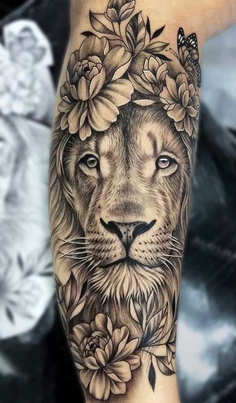 Lion Tattoo for Women: 20 Graceful and Empowering Designs - besttattoo.wiki - Unveiling Exquisite Ink Art Tattoos That Represent Growth And Strength, Tattoos Representing Strength, Lion Tattoo With Flowers, Tattoo Bein Frau, Widder Tattoo, Animal Tattoos For Women, Lion Tattoo Sleeves, Girl Arm Tattoos, Lion Head Tattoos