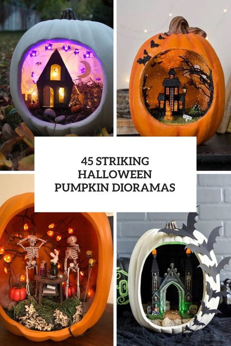 striking halloween pumpkin dioramas cover Scene Inside Pumpkin, Pumpkin Diorama Ideas, Pumpkin Diorama Halloween, Pumpkin Scene Ideas, Halloween Diaroma Ideas, Pumpkin Diaramas, Halloween Diorama Ideas, Pumpkin Terrarium, Pumpkin Dioramas