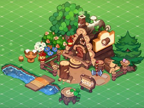 Cookie Run Kingdom Lumberjack Lodge Layout, Crk Kingdom Layout Ideas Production, Cookierun Kingdom Layout, Lodge Layout, Cookie Run Layout, Crk Kingdom Layout Ideas, Crk Builds, Crk Designs, Cookie Run Kingdom Layout