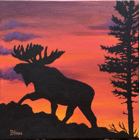 The Creative Shop - Lewiston ID | Square market all artwork available $45 plus shipping Shannon Blinn, original Silhouette of a Moose 8"x8" artwork on canvas board #art #original #animal #bird #spider #silhouette #beauty #sunset #sunrise Moose Acrylic Painting Easy, Moose Paintings On Canvas, Animal Silhouette Painting, Easy Moose Painting, Moose Paintings, Bird Silhouette Painting, Deer Silhouette Painting, Moose Drawing, Acrylics Ideas