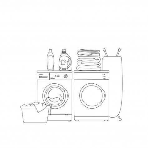 Laundry Machine Drawing, Laundry Room Sketch, Washing Machine Doodle, Laundry Line Art, Doing Laundry Drawing, Laundry Room Drawing, Laundry Embroidery, Drawing Of Room, Washing Machine Drawing