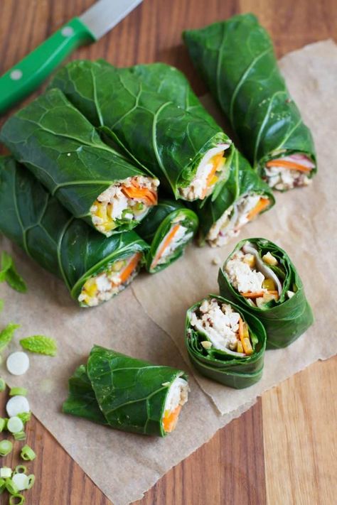 Peanut Chicken Collard Greens Wraps Recipe — Salt & Wind Travel Collard Wraps, Collard Green Wraps, Delicious Clean Eating, Peanut Chicken, Healthy Muffins, Collard Greens, Eating Recipes, Eat Clean, Lettuce Wraps