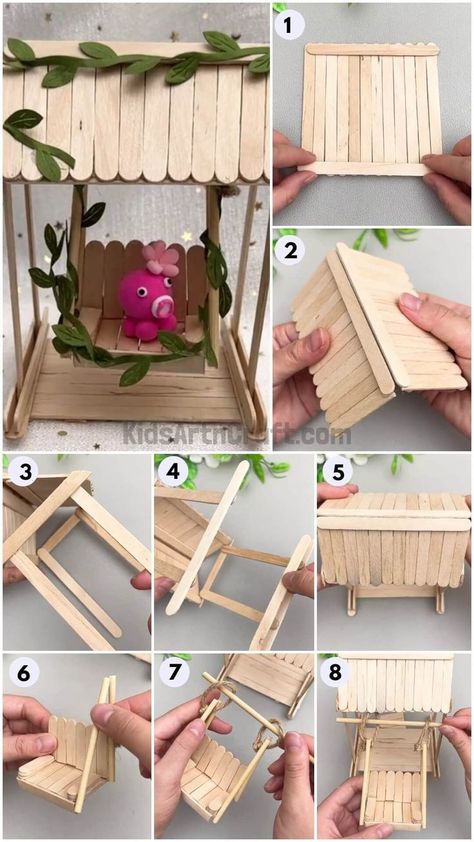 Small Popsicle Stick Crafts, Things You Can Make Out Of Popsicle Sticks, Fairy House Popsicle Sticks, Cool Things To Do With Popsicle Sticks, 3d Popsicle Stick Crafts, Popsicle Stick Mini Furniture, Cute Popsicle Stick Crafts, Things To Make With Popsicle Sticks Diy, Lollipop Sticks Craft Ideas