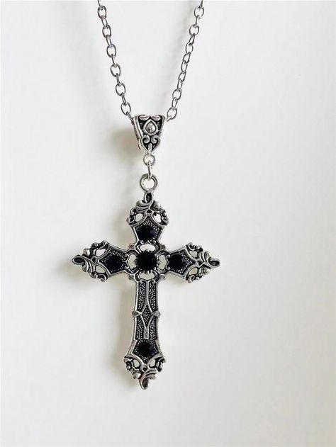 Goth Cross Necklace, Cross Charm Necklace, Rock Aesthetic, Korean Accessories, Goth Necklace, Goth Earrings, Pretty Jewelry Necklaces, Goth Jewelry, Pretty Jewelry