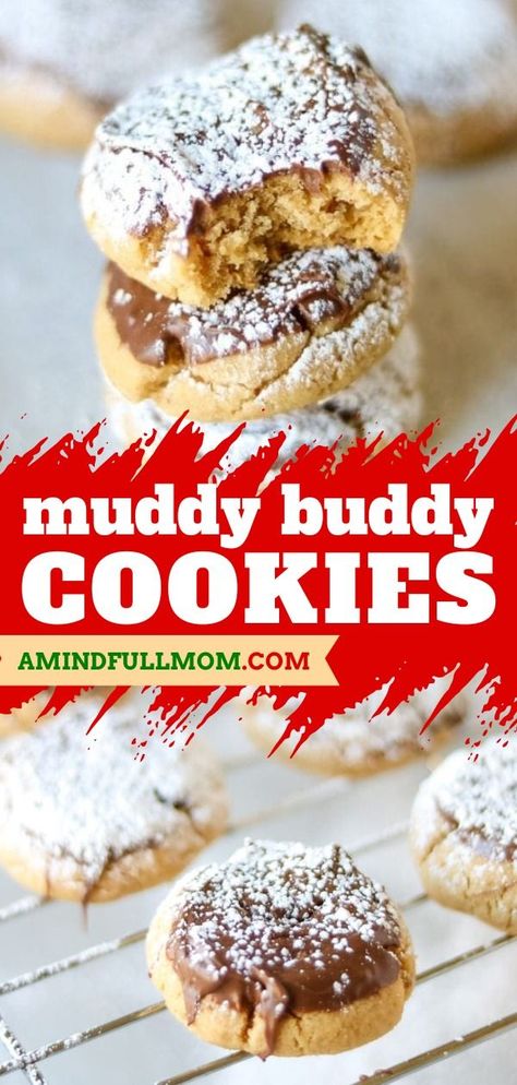 In the mood for a sweet treat? Learn how to make Muddy Buddy Cookies! This holiday baking recipe starts with soft, fluffy homemade peanut butter cookies. Dipped in chocolate and dusted with powdered sugar, these Christmas cookies will remind you of puppy chow mix! Puppy Chow Cookies Recipes, Peanut Butter Blooms Cookies, Peanutter Blossom Cookies, Muddy Buddy Cookies Recipe, Muddy Buddy Cookies, Peanut Butter Christmas Cookies, Muddy Buddy Recipe, Puppy Chow Cookies, Peanut Blossom Cookies