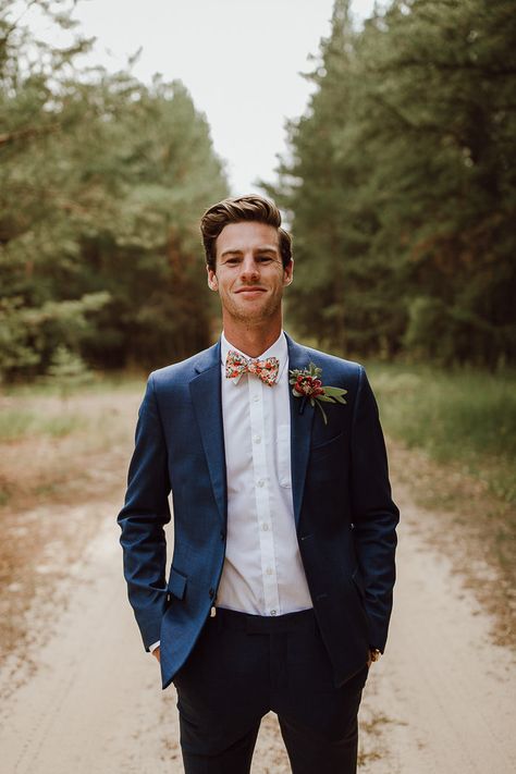 Groom, Daniel on his wedding day. Photo: @arianatennyson Bowtie Suit Wedding, Navy Groom Suit Bow Tie, Groom Colored Jacket, Wedding Suits Groom Bowtie, Navy Blue Suit Jacket Outfit Men, Formal Navy Suit, Dark Navy Groom Suit, Groomsmen Attire Bowtie, Groom Navy Blue Suit