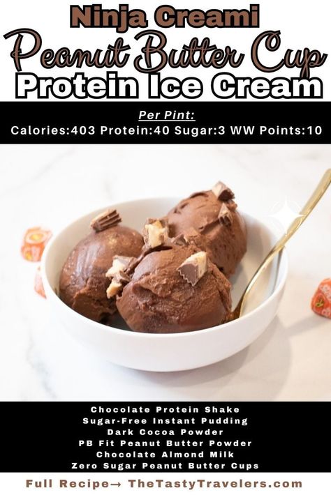 Rich, delicious, chocolate peanut butter cup ice cream with 40 grams of protein. Ninja Creami Chocolate Peanut Butter, 40 Grams Of Protein, Peanut Butter Cup Ice Cream, Protein Ice Cream Recipe, Protein Ice Cream Recipes, Cup Ice Cream, Chocolate Almond Milk, Chocolate Ice Cream Recipe, Gluten Free Ice Cream