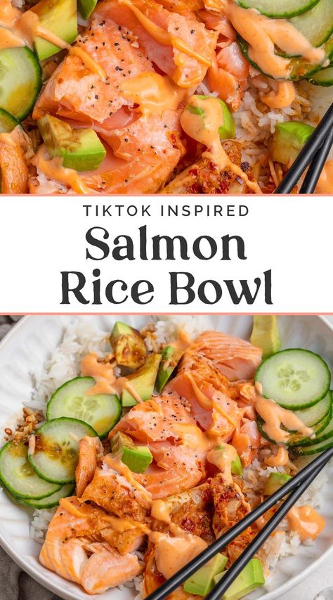 Tik Tok Salmon Rice Bowl, Salmon Rice Bowl Tiktok, Emily Mariko, Salmon Rice Bowl, Salmon Rice, Frozen Salmon, Sriracha Mayo, Salmon Bowl, Rice Bowls Recipes