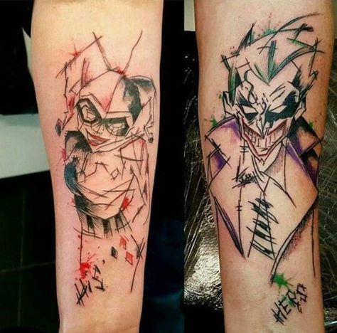 Couples Matching Tattoos for Valentines Day - Badass Couple Tattoo - Joker and Harlequin Tattoo #tattoo #couples #coupletattoos #couplegoals #jokertattoo Matching Couples Tattoos, Ramos Tattoo, Joker And Harley Tattoo, Joker Tattoos, Him And Her Tattoos, Harley Tattoos, Harley Quinn Tattoo, Best Couple Tattoos, Tattoos Inspo