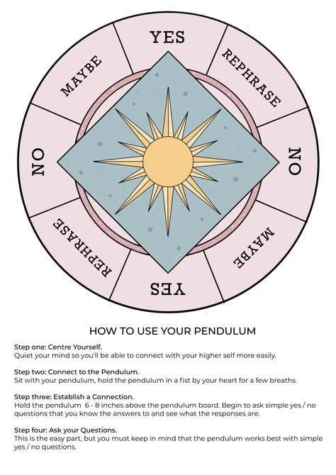 Grab our FREE pendulum board printable with easy to understand guide on how to use your pendulum. Crystal Pendulum Meanings, Pendulum For Beginners Chart, Pendulum Movement Meaning, Types Of Pendulums, Pendulum Charts Free, Pendulum Chart Printable, Pendulum Board Ideas, How To Make A Pendulum Board, How To Use A Pendulum For Beginners