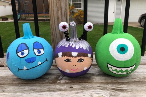 Hand painted Monsters Inc. pumpkins. Movie Theme Pumpkin Painting, Monsters Inc Pumpkin Painting Ideas, Eeyore Pumpkin Painting, Boo Monsters Inc Pumpkins Painted, Mike And Sully Pumpkin Paintings, Matching Painted Pumpkins, Monsters Ink Trunk Or Treat, Group Pumpkin Painting Ideas, Monster Ink Pumpkin Painting