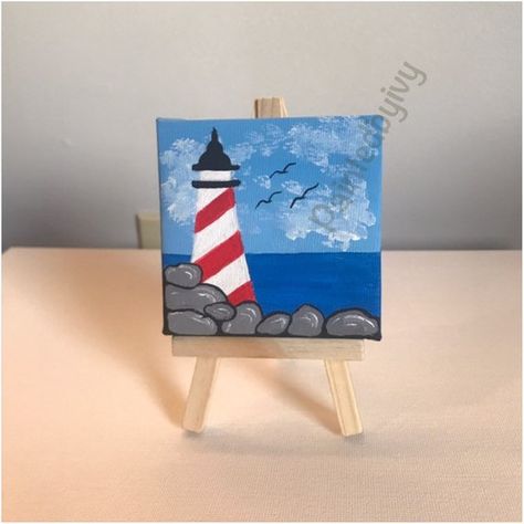 Small Canvas Art Beginner, Small Easy Acrylic Painting, Art Painting Acrylic Aesthetic, Simple Lighthouse Painting, Light House Painting Acrylic Easy, Miniature Canvas Painting Ideas, 3x3 Canvas Paintings, Lighthouse Painting Easy, Tiny Canvas Painting Ideas Easy