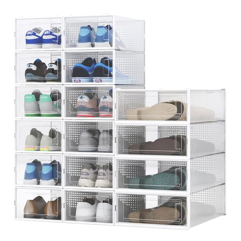 PRICES MAY VARY. High-Quality Materials: The shoe box is made of high-quality PP materials. Its body part is made of soft materials, and the front and rear door frames are made of hard materials. When combined, it becomes very durable. Protecting shoes is more reassuring Space Saving: The stackable design allows the shoe box to be easily placed in the corner or closet. The unique groove design on the top can ensure that the boxes are stacked together without sliding. This shoe box is also equipp Shoe Gards Plastic, Closet Shoe Organization, Clear Door, Storage Crates, Storing Shoes, Shoe Organization, Boot Organization, Shoes Boot, Shoes Storage