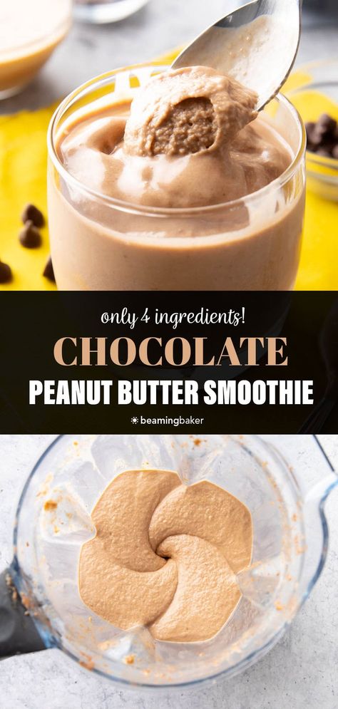 Creamy ‘n thick, this 4 ingredient Chocolate Peanut Butter Smoothie is satisfyingly packed with peanut butter, chocolate, and bananas! Made in less than 5 minutes. Tastes like peanut butter cups with sweet bananas. | Recipe at BeamingBaker.com Peanut Butter Nutella Smoothie, Best Peanut Butter Smoothie Recipes, Pb2 Drink Recipes, Peanut Butter Mocha Smoothie, Healthy Banana Peanut Butter Recipes, Banana Peanut Butter Yogurt, Healthy Peanut Butter Protein Shake, Chocolate Peanut Butter Banana Smoothie Protein, Smoothie Recipes With Peanut Butter