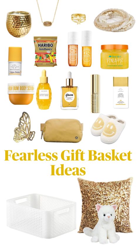 The perfect gift basket for a Swifty, who loves Taylor Swift’s album, fearless Skincare Gift Basket, Making A Gift Basket, Perfect Gift Basket, Custom Sneakers Diy, Birthday Presents For Friends, Preppy Gifts, Birthday Basket, Cute Gifts For Friends, Gift Inspo