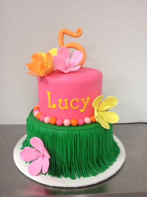 Luau cake in pink, green and yellow with hibiscus. Cake by TracyCakesAR. Diy Luau, Hibiscus Cake, Kids Luau, Luau Cake, Hawaiian Cake, Luau Birthday Party, Hawaiian Birthday Party, Moana Birthday Party, Hawaiian Birthday