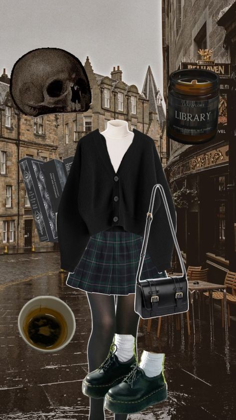 #DarkAcademia #Look #Outfit #Inspo #Skirt #sweater #bag #loafers #docmartens #plaid #edinburgh #fall #autumnoutfit #cozy #warm #coffee #candle Edinburgh Fall, Academia Look, Dark Academia Look, Academia Aesthetic Outfit, Dark Academia Outfits, Dark Academia Style, Skirt Sweater, Academia Outfits, Academia Style