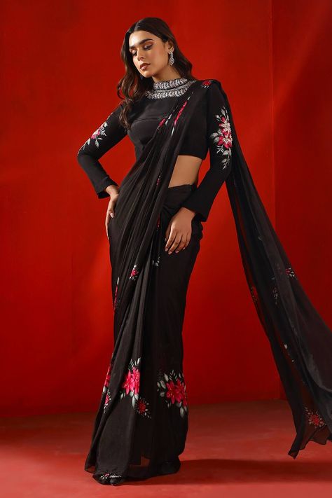 Black chiffon printed lehenga saree for women Black Indo Western Dress, High Neck Saree Blouse, Isha Gupta, Full Sleeves Blouse Designs, Magnolia Print, Blouse Designs High Neck, Printed Lehenga, Saree Wearing Styles, Saree Wearing