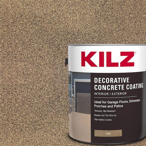 KILZ Decorative Concrete Coating Tan Textured Slip-resistant Flat Interior/Exterior Porch and Floor Paint (1-Gallon) in the Porch & Floor Paint department at Lowes.com Painted Pool Deck, Concrete Paint Colors, Repair Cracked Concrete, Concrete Repair Products, Paint Concrete Patio, Concrete Floor Coatings, Concrete Paint, Front Porch Makeover, Porch Paint