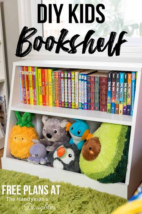 This DIY kids bookshelf combines book and toy storage together in one compact space! It also doubles as a nightstand next to the bed! Get the free woodworking plans to build this small bookshelf at The Handyman's Daughter! #bookshelf #woodworkingplans Diy Kids Bookshelf, Book And Toy Storage, Bookshelf Woodworking Plans, Diy Bookshelf Kids, Kids Bookshelf, Maker Space, Small Bookshelf, Kraf Diy, Woodworking For Kids