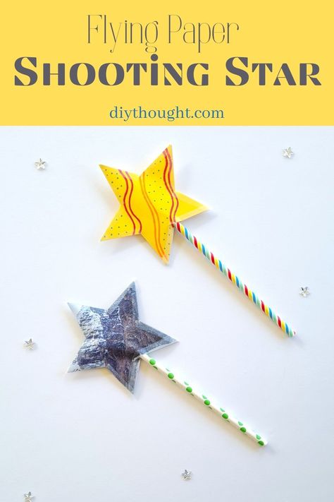 Make a Flying Paper Shooting Star. A fun kid's craft. Use an old magazine or decorate your own paper to extend the fun. Star Diy Decoration, Sky Crafts For Kids, Stars Crafts For Kids, Stellar Vbs Crafts, Star Craft Preschool, Star Crafts For Preschoolers, Easy Space Crafts, Star Crafts For Kids, Star Sensory