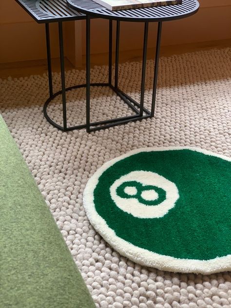 Rug Inspo Aesthetic, Rug For Room Aesthetic, 8ball Carpet, Stussy 8 Ball Rug, Cool Room Rugs, Tufted Rug Inspiration, Cool Rug Designs, 8 Ball Room Decor, Rug Tufting Design Ideas