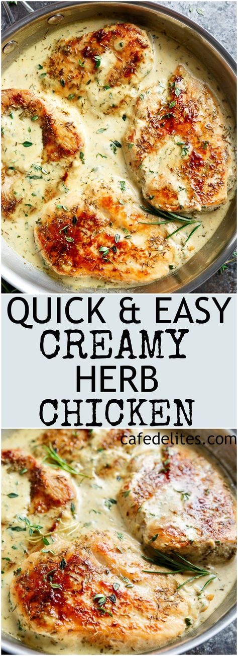 Quick And Easy Creamy Herb Chicken, filled with so much flavour, ready and on your table in 15 minutes! You won't believe how easy this is!   https://cafedelites.com  Use Thyme instead of rosemary Creamy Herb Chicken, Herb Chicken Recipes, Herb Chicken, Idee Pasto Sano, Alfredo Sauce, Cream Sauce, Chicken Breast Recipes, Iftar, Main Dish Recipes