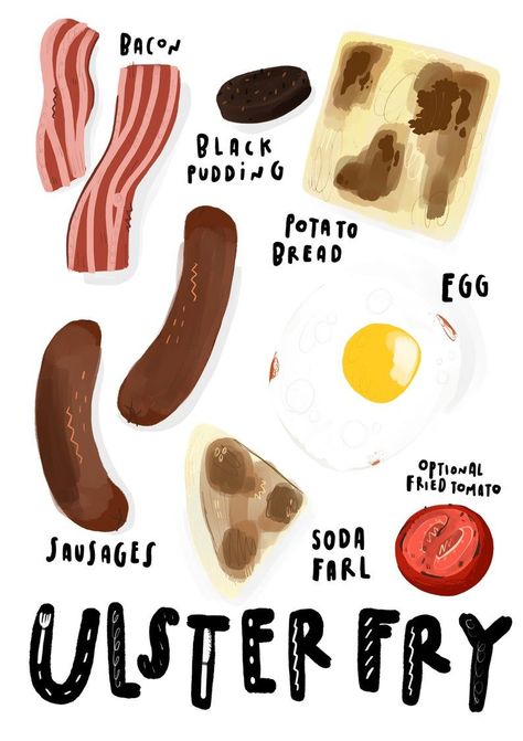 A print featuring an illustration of the official Ulster Fry components. Printed on high quality archival paper and available in A5, A4 & A3. Bacon Pudding, Ulster Fry, Black Pudding, Potato Bread, Paint Print, Northern Ireland, Unframed Prints, Paper Size, Drawing And Illustration