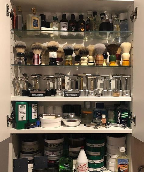 Shaving Den Cabinet Display | Agent Shave Den Cabinet, Shaving Aesthetic, Soap Organization, Safety Razor Shaving, Shaving Stand, Shaving Supplies, Vintage Shaving, Wet Shave, Barbershop Design