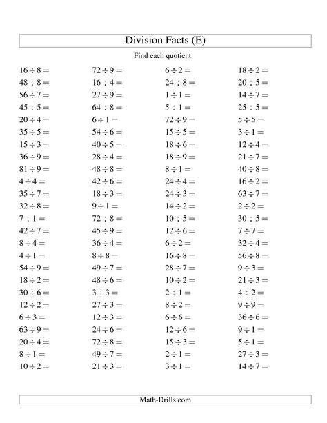 Division Facts to 81 No Zeros (E) Math Worksheet #freemath Mad Minute Math, Division Facts Worksheets, Multiplication And Division Worksheets, 7th Grade Math Worksheets, Math Division Worksheets, Probability Worksheets, Math Fact Worksheets, Math Drills, 4th Grade Math Worksheets