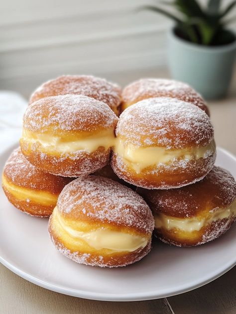 Custard Donuts Recipe, Custard Donuts, Healthy Donuts, Vegan Cinnamon Rolls, Marsala Chicken Recipes, Olive Recipes, Custard Recipes, Garlic Butter Chicken, Lemon Herb