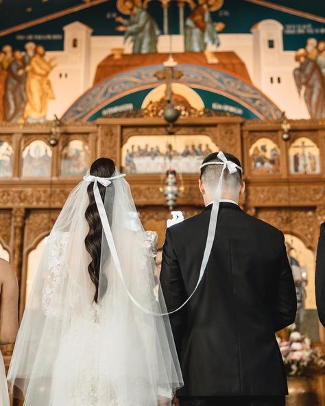 Moments before the happy couple said "I do" 🤍 📍 St George Greek Orthodox Church Orthodox Wedding Aesthetic, Greek Orthodox Aesthetic, Orthodox Couple, Greek Church Wedding, Greek Churches, Greek Weddings, Greek Orthodox Christian, Church Wedding Photos, Greek Orthodox Wedding