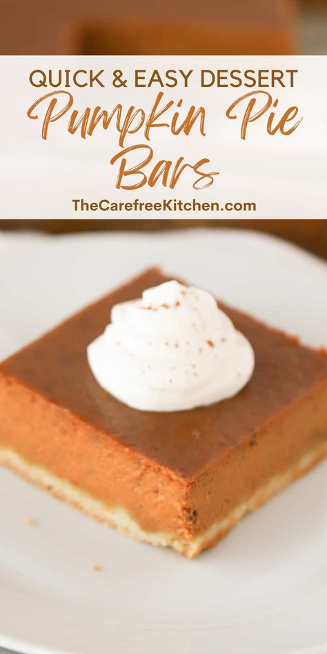 This Pumpkin Pie Bars recipe is made with a shortbread crust for an easy peasy take on the classic. Enjoy the same creamy pumpkin pie filling without fussing over pie dough with this perfectly simple fall dessert. Easy Pumpkin Pie Bars, Pumpkin Pie Recipe Store Bought Crust, Pumpkin Pie Bars With Sugar Cookie Crust, Small Pumpkin Pie Recipe, Pumpkin Pie With Shortbread Crust, Pumpkin Pie Filling Recipe Desserts, Pumpkin Pie Bars With Shortbread Crust, Pumpkin Pie 13x9, Simple Pumpkin Pie Recipe