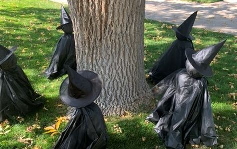 It's not to late to spook up the yard! Make these dancing witches for $8 Dancing Witches Yard Decor, Diy Witches Outdoor Decor, Lawn Witches Diy, Witch Yard Decorations Diy, Outdoor Witch Decor, Witches Yard Decorations, Yard Witch, Outdoor Halloween Decorating, Dancing Witches