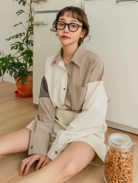 DAZY Color Block Patched Pocket Drop Shoulder Corduroy Blouse Gender Neutral Outfits Women, Gender Neutral Outfits, Corduroy Blouse, Neutral Shirt, Collar Details, Gender Neutral Clothes, Color Block Blouse, Color Block Shirts, Color Blocking Outfits