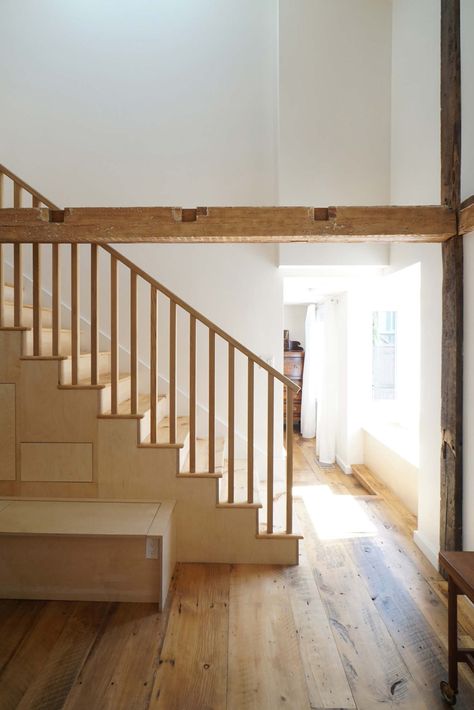 Wide plank skip-planed white pine by Longleaf Lumber for the floors and stair treads. Photo courtesy Jeff & Eddie Geisinger Tree House Interior, Simple Tree House, Pine Wood Flooring, Pine Flooring, White Pine Tree, Eastern White Pine, Farmhouse Flooring, Mountain Cottage, Pine Floors