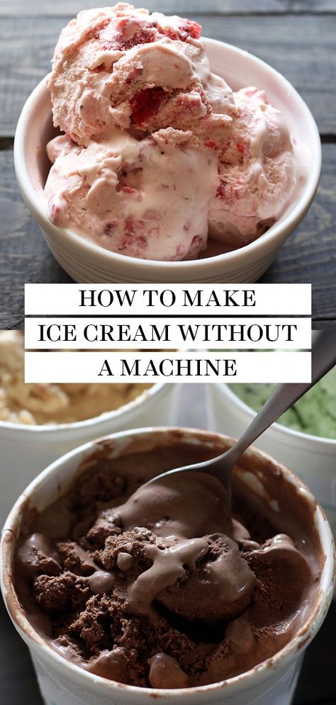 How to Make Homemade Ice Cream Without a Machine with 3 simple no churn methods (including in a baggie) and flavor ideas! Step-by-step video, recipes, and printable ice cream labels too. So easy to make from-scratch! Homade Ice Cream Recipes Without Machine, Homemade Ice Cream Half And Half, Homemade Ice Cream In Blender, Homemade Strawberry Ice Cream No Machine, Desserts That Go With Ice Cream, Ice Cream Without An Ice Cream Maker, Diy Homemade Ice Cream, How To Make Homemade Ice Cream Easy, No Ice Cream Maker Ice Cream