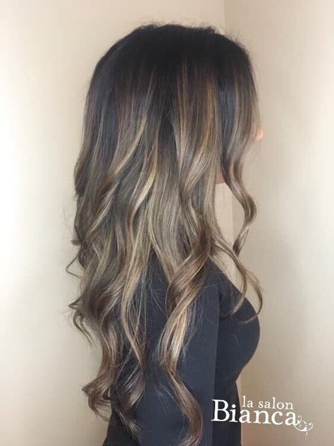 Thick Balayage Highlights, Long Layer Balayage, Prom Medium Hairstyles, Dark Root Brunette Balayage, Long Hair Inspo Brunettes Dark Brown, Long Brunette Hair With Layers Balayage, Balayage For Olive Skin Tone, Long Dark Brown Hair Balayage, Fall Hair Color For Light Brunettes