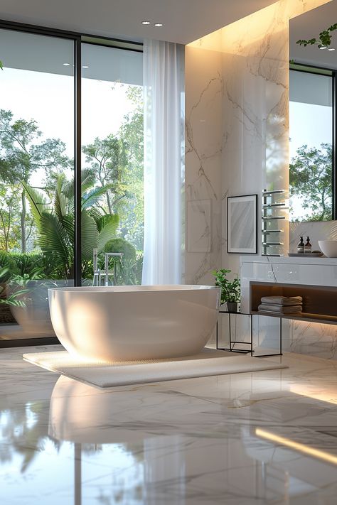 Transform Your Space: Luxurious Marble Bathroom Oasis with Verdant Views Modern Villa Bathroom, Hotel Bathrooms Luxury, Modern Indoor Plants, Indoor Garden Design, Garden Design Home, Contemporary Luxury Bathroom, Jacuzzi Room, Luxury Spa Bathroom, Home Spa Room