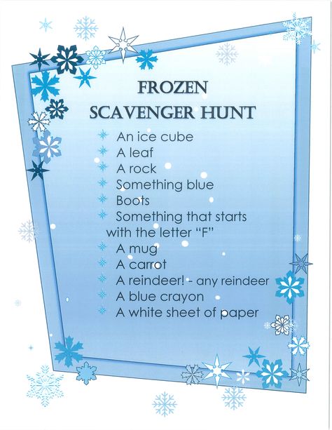 Frozen Theme Party Activities, Disney Frozen Activities, Frozen Scavenger Hunt Free Printable, Winter Themed Birthday Party Games, Winterwonderland Games, Frozen Theme Activities, Frozen Themed Birthday Party Games, Frozen Party Signs, Elsa Party Games