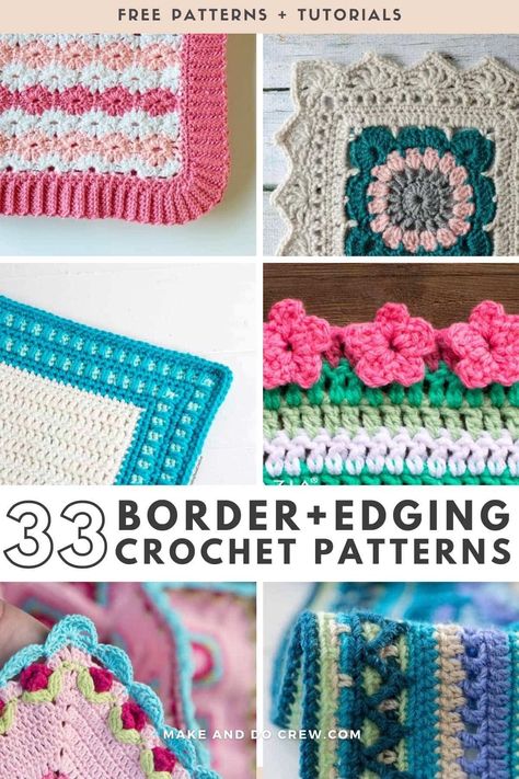 Looking for the best crochet edging patterns? This collection from Make and Do Crew is for you! We've gathered our favorite crochet border patterns - from simple crochet borders, delicate lace trims & crochet flower border patterns. Borders can be added to crochet blankets, sweaters, scarves, cardigans, towels, and washcloths. Whether you're looking for an easy border or wondering how to add a border to a blanket, this guide will help you. Visit the blog for the free crochet trim patterns. Pom Pom Edge Crochet, Borders For Chunky Blankets, Crocheting Borders For Blankets, Crochet Blanket With Border, Crochet Cardigan Edge, Crochet Borders For Blankets Chunky Yarn, Borders For Granny Square Blankets, Crochet Baby Blanket Border, Border Crochet Edging