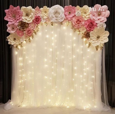 Ava (Pretty in Pink) backdrop with warm fairy lights for a whimsical bridal shower. Party Diy Backdrop, Flower Wall Rental, Diy Birthday Backdrop, Birthday Party Diy, Bridal Shower Decorations Diy, Quince Decorations, Quinceanera Decorations, Pink Backdrop, Diy Birthday Party