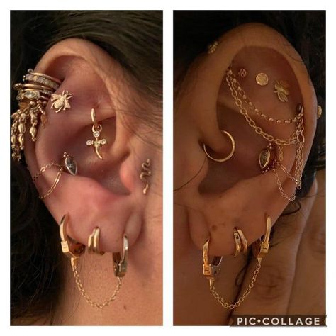 Maria Tash Spike Earrings, Ear Curation Themes, Ear Piercings Placement Chart Baddie, Ear Piercings Flat, Hippie Piercings, Triple Flat Piercing, Ear Scape, Ear Piercing Inspiration, Ear Curation