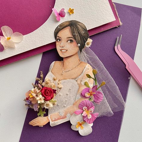 #WIP The orchid bride 🍇🪻 #papercraft #watercolor #paperflowers #details #illustration #wedding Polaroid Papercraft, Details Illustration, Wedding Trays, Happy Anniversary Cakes, Illustration Wedding, Cart Ideas, Gifts For Bride, Custom Portrait Illustration, Pop Up Art