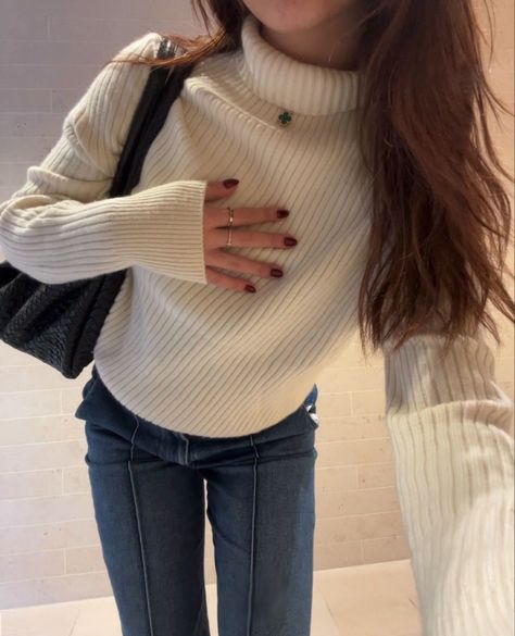 #winteroutfit featuring off white turtleneck sweater from loro piana, jeans from alice and olivia, bottega veneta black tote, van cleef & arpels alhambra necklace #outfits #fashionstyle #ootd #lookbook Van Cleef Outfit, White Turtleneck Sweater Outfit, White Turtle Neck Outfit, Turtle Neck Sweater Outfit, Van Cleef Arpels Alhambra Necklace, White Turtleneck Outfit, Off White Turtleneck, Fits Check, Turtleneck Sweater Outfit