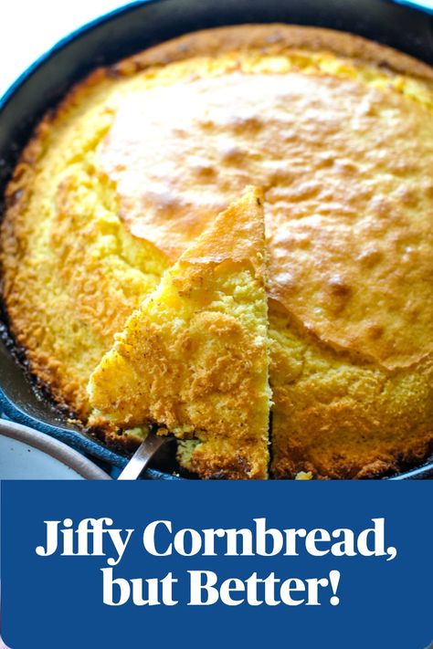 The Best Jiffy Cornbread Recipe! Taste just like homemade cornbread with a boxed mix and a few hacks! Pairs perfectly with a big pot of beans or chili! Jiffy cornbred is great on it's own, but use these cornbread mix hacks for extra delicious cornbread! Made right in your cast iron skillet, this cornbread is super crispy on the outside, fluffy and tender on the inside! Use this recipe when you're making Jiffy Cornbread. It makes great Cornbread dressing, too! Hacked Jiffy Cornbread, Best Cornbread For Chili, Union Oyster House Cornbread Recipe, Best Easy Cornbread Recipe, Doctor Up Jiffy Cornbread, Cornbread Using Jiffy Mix And Creamed Corn, Spoon Cornbread Jiffy, Cornbread In Waffle Maker, Different Types Of Cornbread