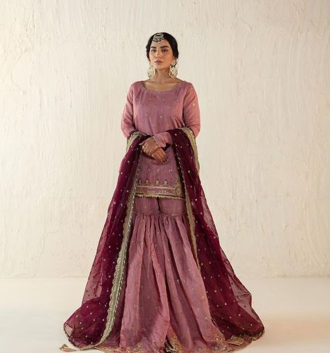 Anarkali Dress Color Combinations, Mehndi Color Suit Combination, Wine Color Combinations Outfits, Dupatta Designs Ideas Diy, Outfit From Scratch Indian, Garara Design, Desi Ootd, Bridal Gharara, Gharara Designs