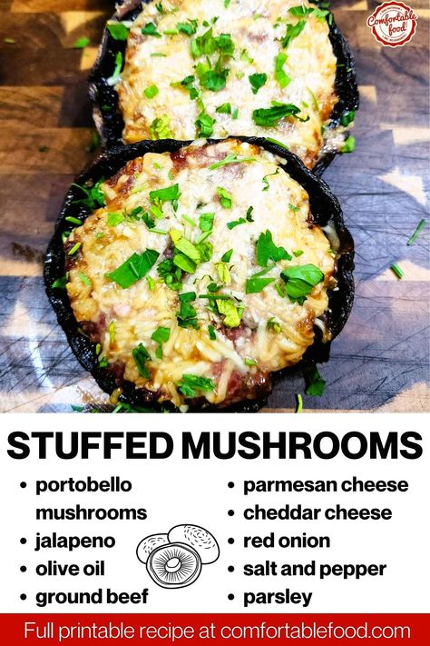 This stuffed portobello mushroom recipe is a delicious and simple way to enjoy the combination of juicy mushrooms and spicy ground beef. Stuffed mushrooms are the perfect appetizer or party food that uses minimal ingredients and just the right blend of flavors that are guaranteed to be a hit with your guests! Beef Stuffed Portabella Mushroom Recipes, Hamburger Stuffed Portabella Mushrooms, Portobello Recipes, Stuffed Portobello Mushroom, Portabella Mushrooms Recipes, Stuffed Portabella, Mushroom Burger Recipe, Main Entree Recipes, Portobello Mushroom Recipes