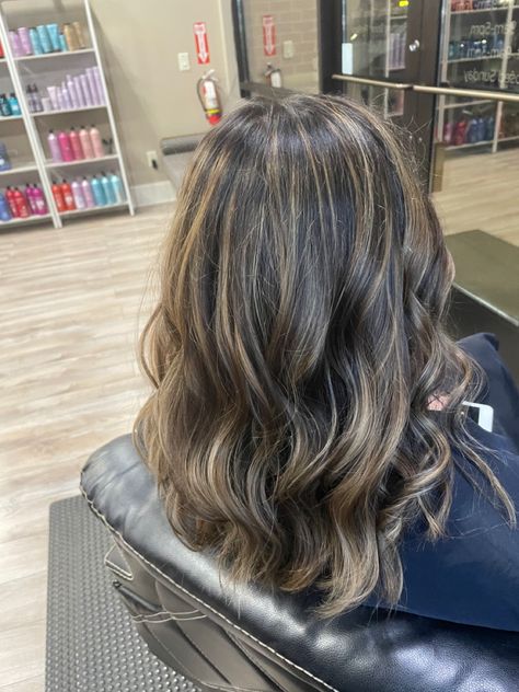 Half Highlights On Brown Hair, Ashy Blonde Partial Highlights, Full Highlight On Dark Hair, Cool Light Brown Highlights, Dark Brown Hair Partial Highlights, Blonde Highlights On Dark Hair Wavy, Hazel Highlights On Brown Hair, Short Wavy Hair Highlights, Ash Blonde Partial Highlights