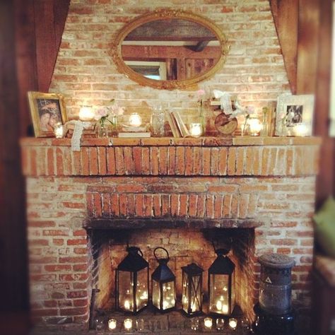 Across the Hall in 2nd: Favorite Things Linky: Feels Like Home Candles In Fireplace, Living Room Warm, Old Fireplace, Rustic Fireplaces, Faux Fireplace, Trendy Living Rooms, Trendy Bedroom, Cozy Fireplace, Brick Fireplace